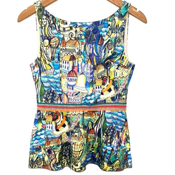 Anthropologie Weston Painted Art Cityscape Peplum Top Size XS - Picture 2 of 11